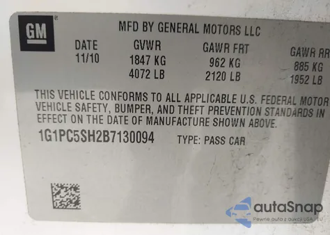 2011 Chevrolet Cruze Ls z USA, uszkodzony, nr VIN 1G1PC5SH2B7130094